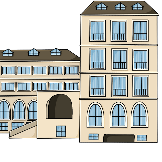 Ein großes Gebäude mit vielen Fenstern.