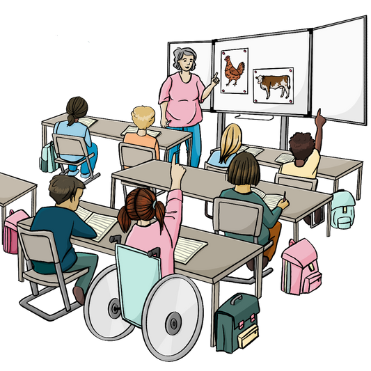 Kinder sitzen in Tischreihen und schauen auf eine Tafel. Eine Frau zeigt auf die Tafel. Auf der Tafel sind Bilder von einem Huhn und einer Kuh.