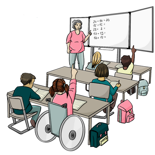 Kinder sitzen in Tischreihen und schauen auf eine Tafel. Eine Frau zeigt auf die Tafel. Auf der Tafel stehen Rechenaufgaben.