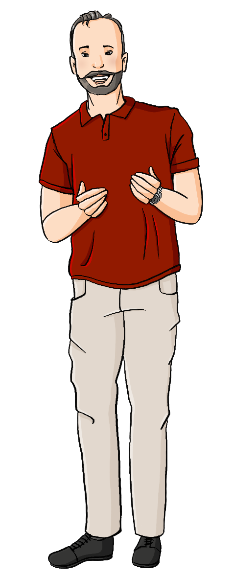 Ein Mann mit Polohemd und Hose. Er lächelt und gestikuliert mit den Händen.