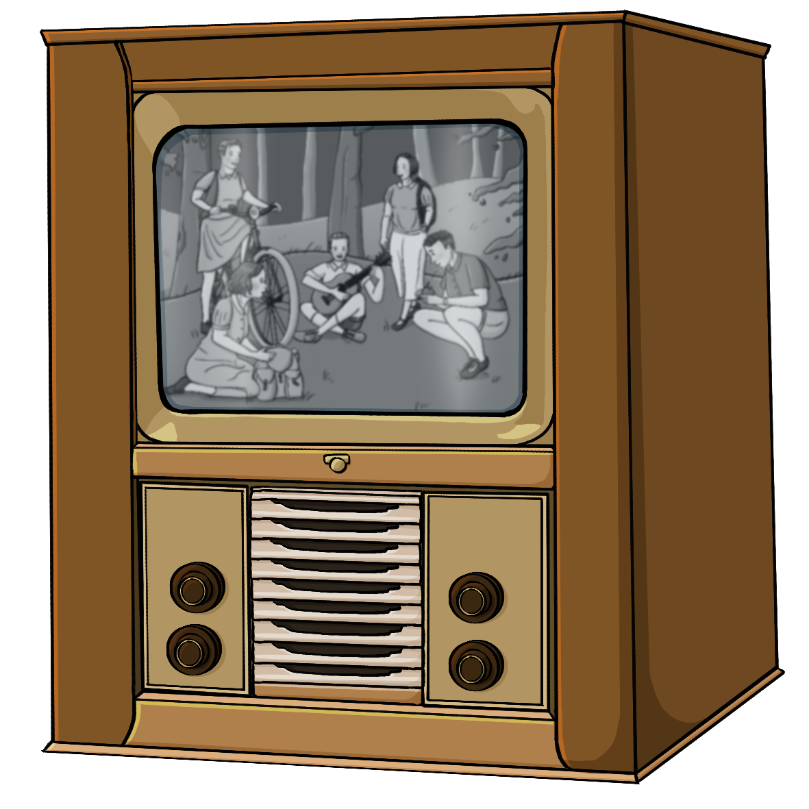 Ein alter Schwarzweißfernseher mit einem Holzgehäuse und großen Knöpfen. Auf dem Bildschirm ist eine Gruppe Jugendliche im Wald.