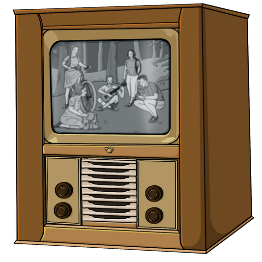 Ein alter Schwarzweißfernseher mit einem Holzgehäuse und großen Knöpfen. Auf dem Bildschirm ist eine Gruppe Jugendliche im Wald.
