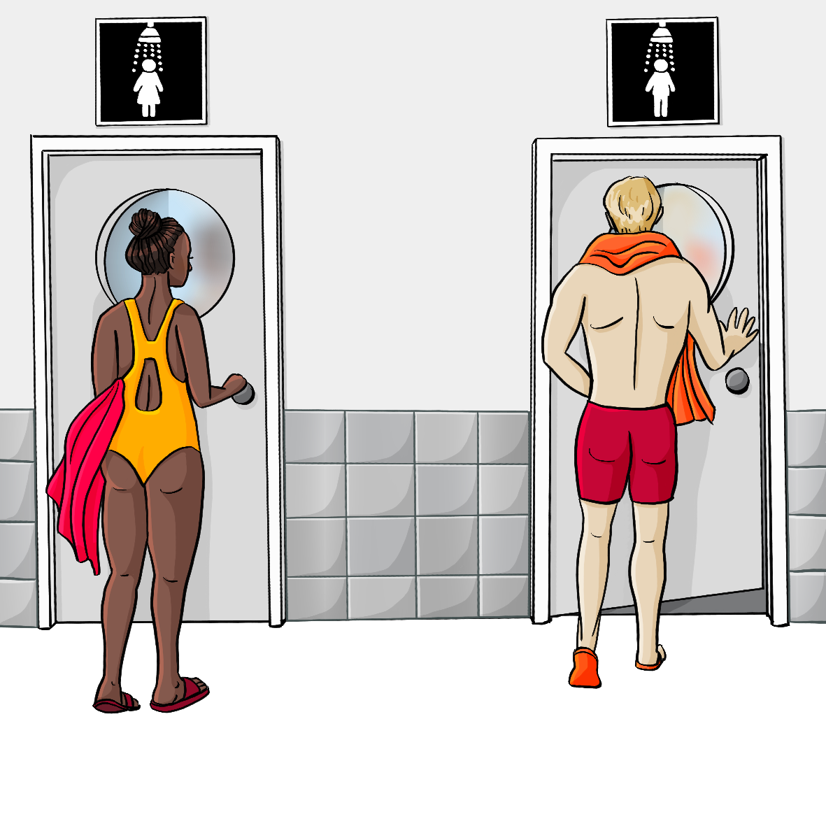 Eine Frau im Badeanzug öffnet eine Tür zu einer Damendusche. Ein Mann in Badehose öffnet die Tür zu einer Herrendusche. 