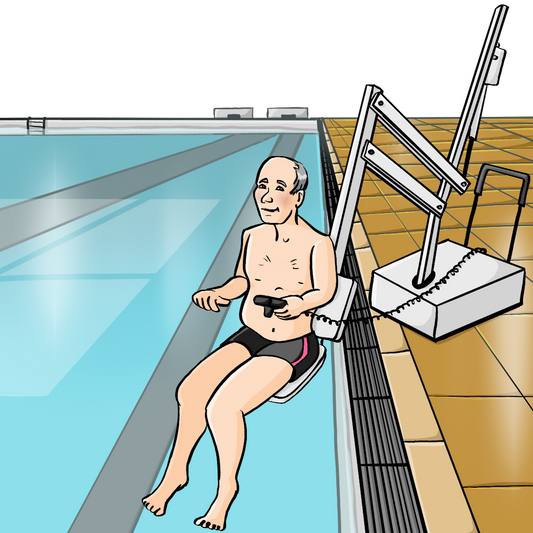 Ein Schwimmbecken, am Rand steht ein fahrbarer Lifter. Im Lifter sitzt ein Mann mit Badehose. Er hält eine Fernbedienung in der Hand.