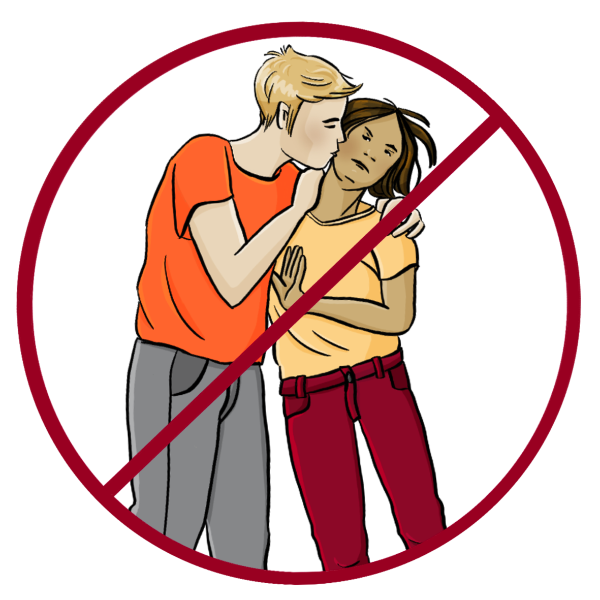 Ein Mann hält eine Frau fest und küsst sie auf die Wange. Die Frau dreht den Kopf weg und versucht, den Mann wegzuschieben. Das Bild ist durchgestrichen. 
