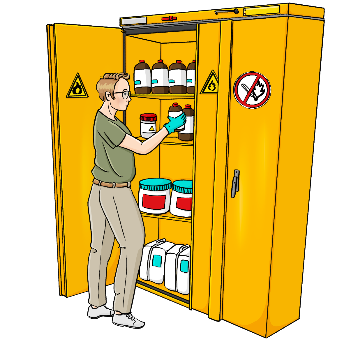 Eine Frau stellt eine Flasche in einen gelben Schrank mit verschiedenen Behältern. Auf dem Schrank sind Gefahrensymbole.