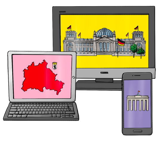 Ein Tablet mit der Karte von Berlin auf dem Display, ein Computer mit dem Reichstagsgebäude auf dem Bildschirm und ein Smartphone mit dem Brandenburger Tor auf dem Display.