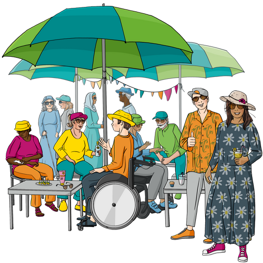 Eine Gruppe Menschen unter Sonnenschirmen. Einige stehen, einige sitzen an Tischen. Alle tragen lockere lange Kleidung und eine Kopfbedeckung, teilweise Sonnenbrillen. Am vorderen Tisch cremen sich die Menschen gerade mit Sonnencreme ein. Im Vordergrund stehen ein Mann und eine Frau. Der Mann streckt den Daumen nach oben, die Frau hält ein Getränk in der Hand. Auch sie tragen lange lockere Kleidung, Kopfbedeckung und Sonnenbrille.