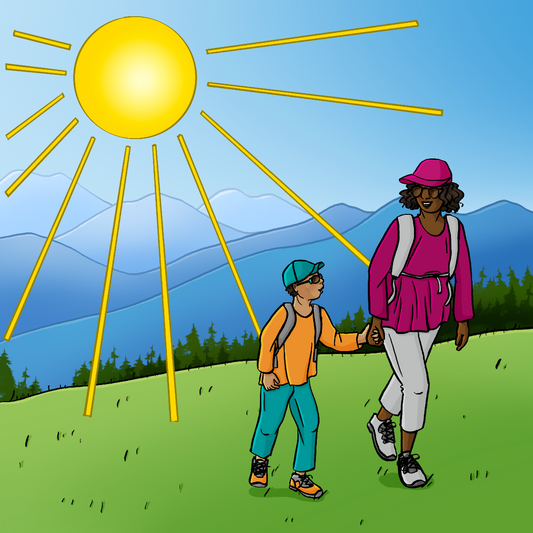 Eine Frau und ein Junge in Wanderkleidung gehen über eine Wiese. Beide tragen Rucksäcke und Sonnenhüte. Im Hintergrund sind Berge. Am Himmel ist eine große vereinfacht dargestellte Sonne. Die Strahlen reichen bis auf den Boden.