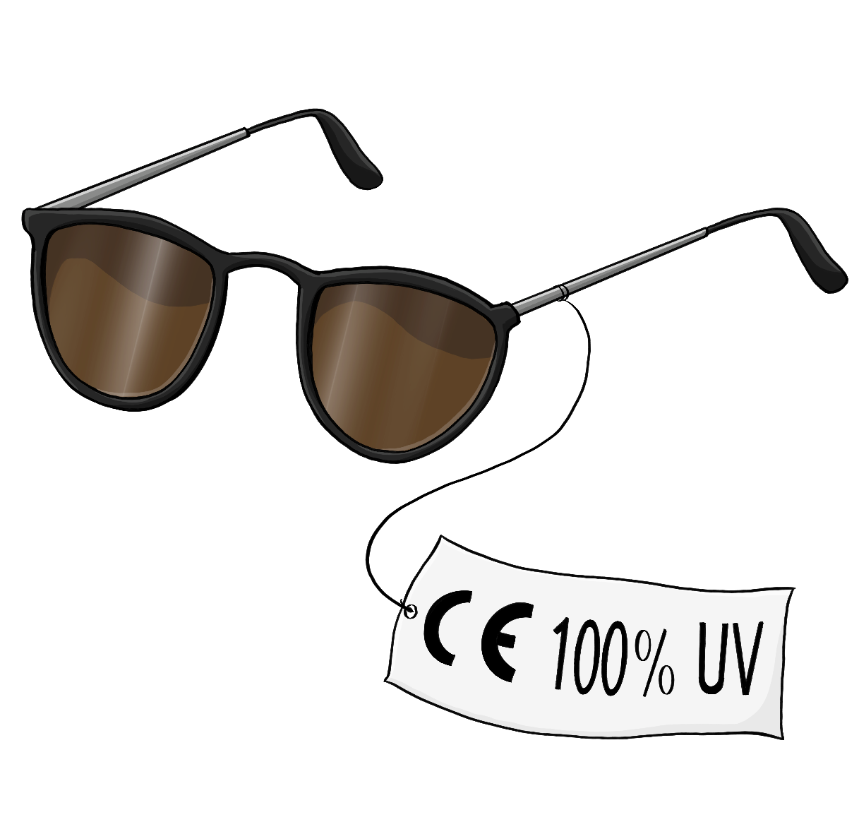 Eine Sonnenbrille mit einem Schild mit der Aufschrift: 100% UV