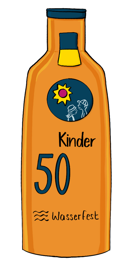 Eine Plastikflasche mit der Aufschrift: Kinder 50 Wasserfest.