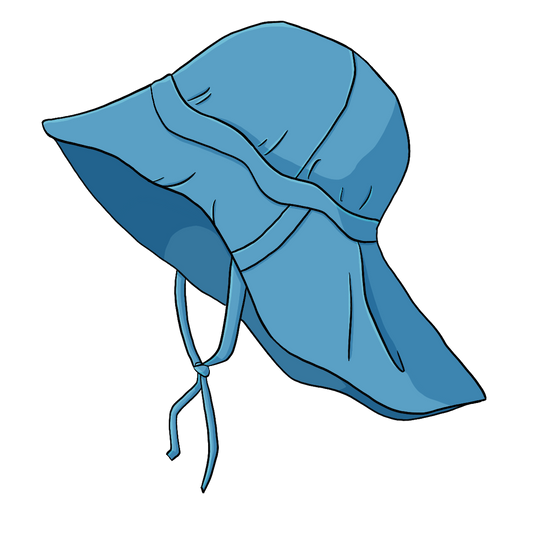 Ein Sonnenhut aus Stoff mit Nackenschutz und Bändern.