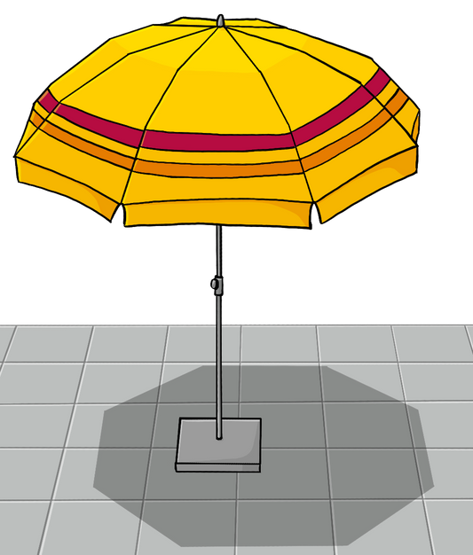Ein Sonnenschirm. Unter dem Sonnenschirm ist der Boden dunkler.