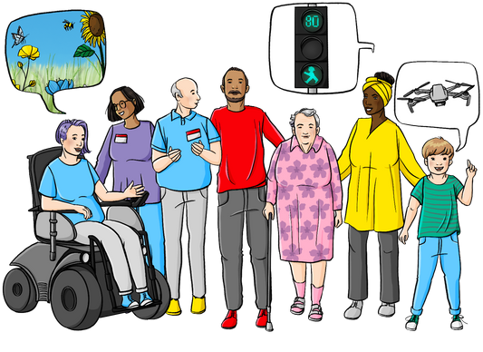 Eine Gruppe Menschen mit Sprechblasen. In den Sprechblasen sind eine Blumenwiese, eine Fußgängerampel mit Sekundenzähler und eine Drohne.