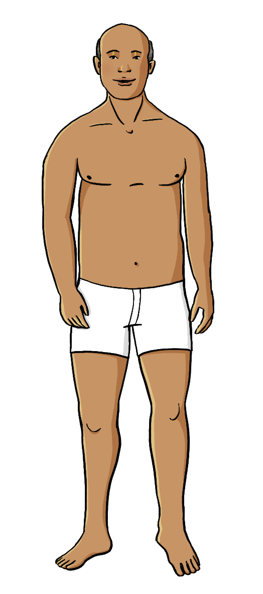 Eine Mann. Er trägt nur eine Unterhose.