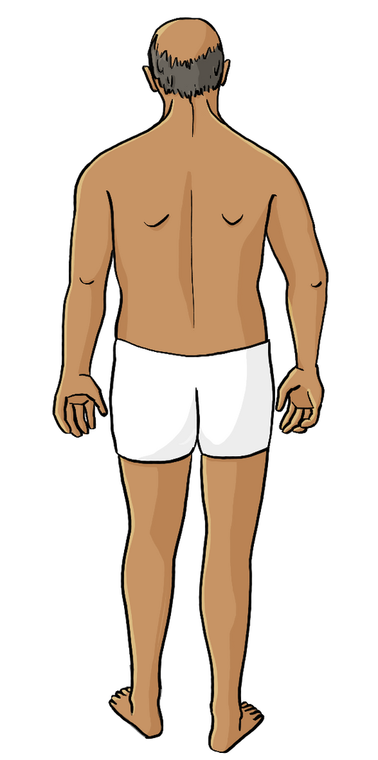 Eine Mann von hinten. Er trägt nur eine Unterhose.