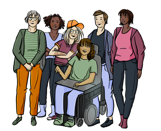 Eine Gruppe von verschieden alten Frauen und Mädchen. Eine von ihnen sitzt im Rollstuhl. Alle lächeln selbstbewusst. Sie haben die Arme verschränkt oder in die Hüften gestemmt. 