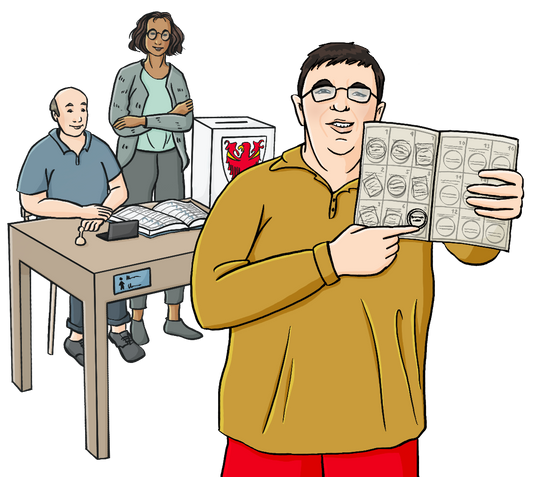 Ein Mann hält ein Aufgeschlagenes Heftchen hoch und zeigt auf eine Seite. Auf der Seite sind gestempelte Kästchen. Im Hintergrund sind ein Mann und eine Frau hinter einem Tisch. Auf dem Tisch sind ein großes aufgeschlagenes Buch, eine weiße Kiste mit einem roten Adler und ein Stempelkissen mit Stempel.