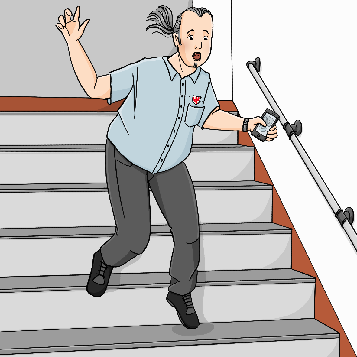 Ein Mann in Arbeitskleidung stolpert über Treppenstufen. Er hält ein Handy in der Hand.
