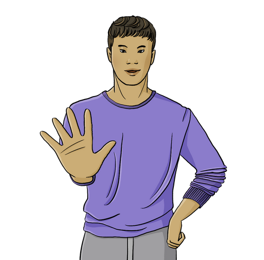 Ein Mann hält die Hand mit der Handfläche nach vorn vor den Körper gestreckt.