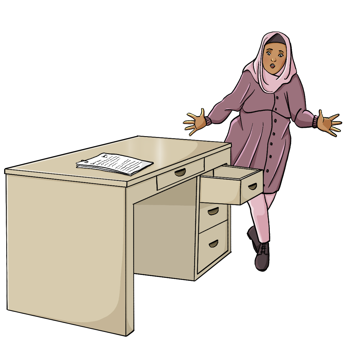 Ein Schreibtisch mit mehreren Schubladen. Eine Frau stößt sich an einer offenen Schublade.
