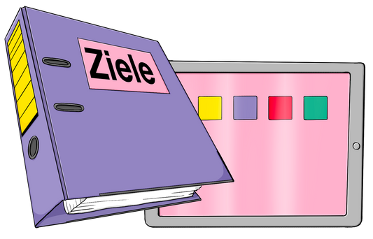 Ein Ordner mit der Aufschrift: Ziele und ein Tablet mit bunten Symbolen.