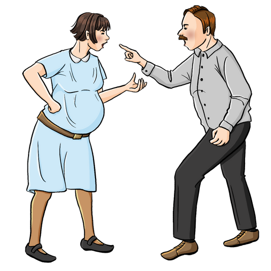 Ein Mann und eine schwangere Frau stehen sich gegenüber und streiten. Sie tragen Kleidung der 20er Jahre.