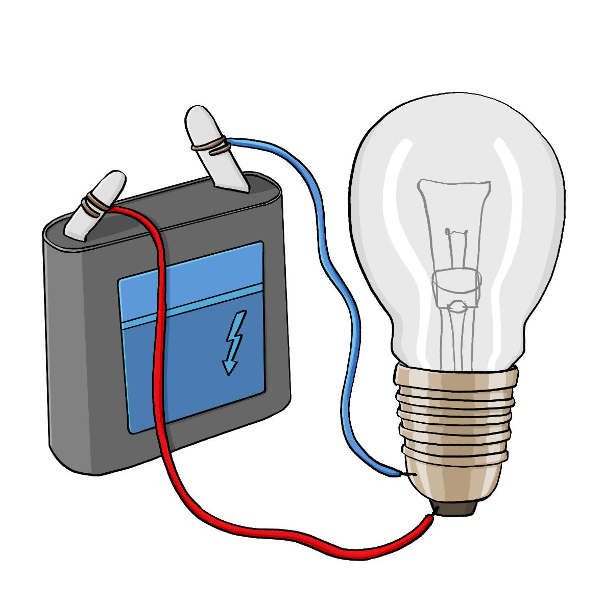 Eine Batterie und eine Glühbirne sind mit Kabeln verbunden.