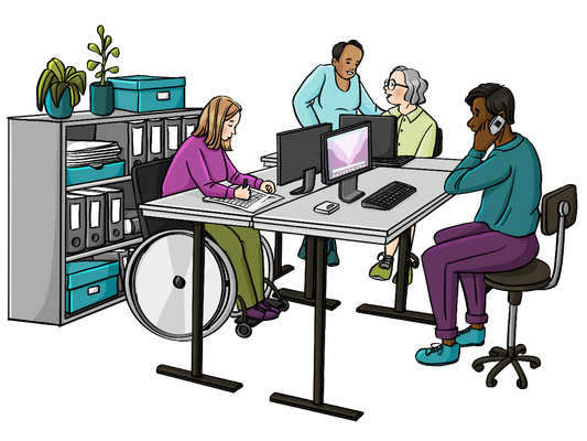 Eine Gruppe Frauen in einem Büro. Sie telefonieren und arbeiten am Computer.