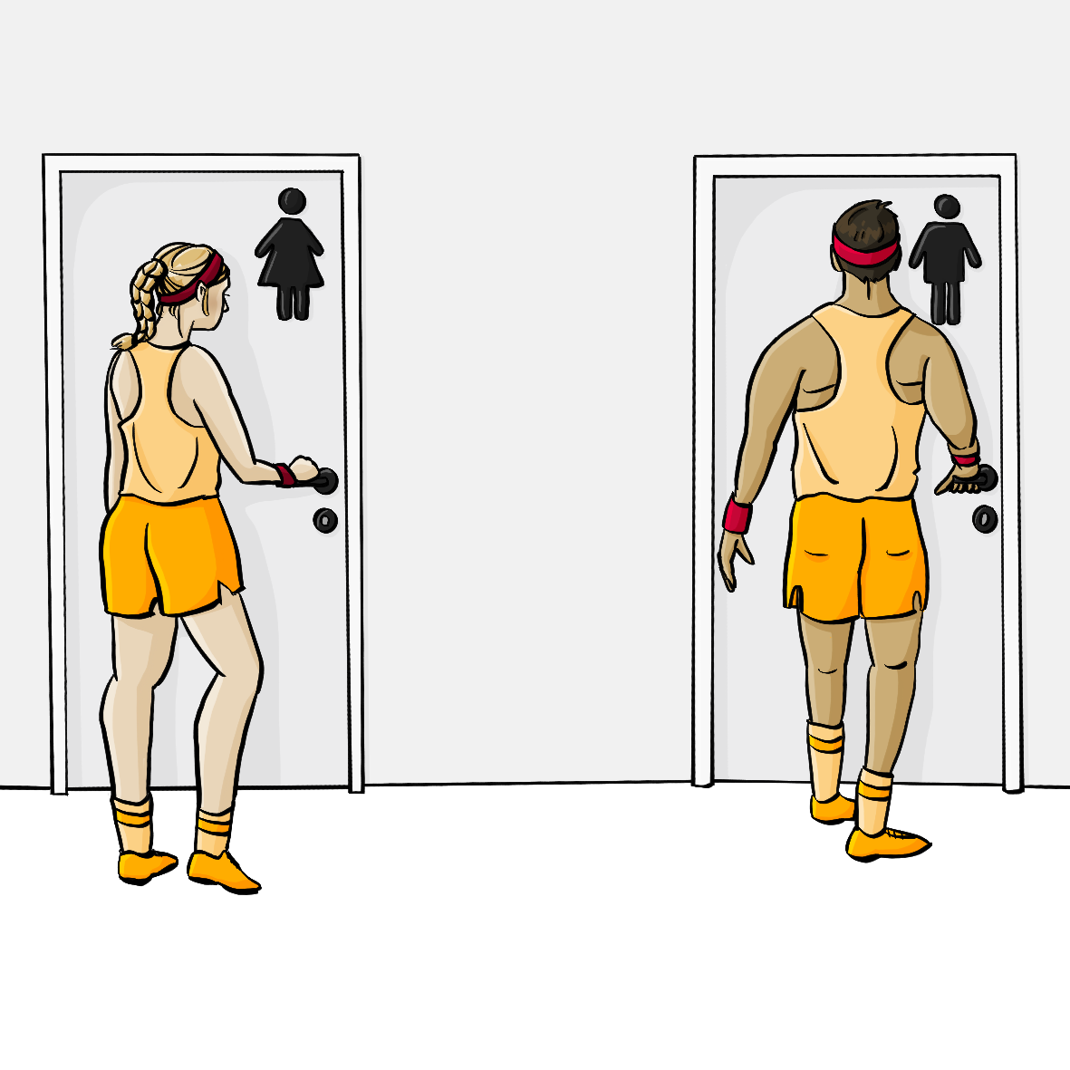 Eine Frau in Sportkleidung öffnet eine Tür zu einer Damentoilette. Ein Mann in Sportkleidung öffnet die Tür zu einer Herrentoilette. 