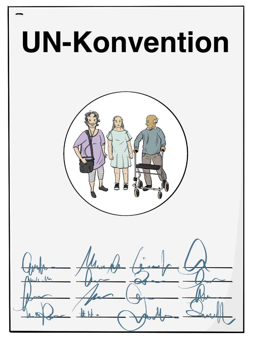 Ein Dokument mit der Überschrift: UN-Konventin. Auf dem Dokument ist ein Bild von einer Frau mit einem tragbaren Sauerstoffgerät, einer Frau mit Downsyndrom und einem Mann mit Rollator. Unten auf dem Dokument sind Unterschriften. 