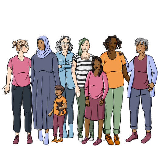 Eine Gruppe Frauen. Es sind ältere und jüngere Frauen, schwarze und weiße Frauen. Eine Frau trägt ein Kopftuch und hält einen kleinen jungen an der Hand. Die Frauen schauen sich teilweise gegenseitig an. Alle lächeln freundlich.