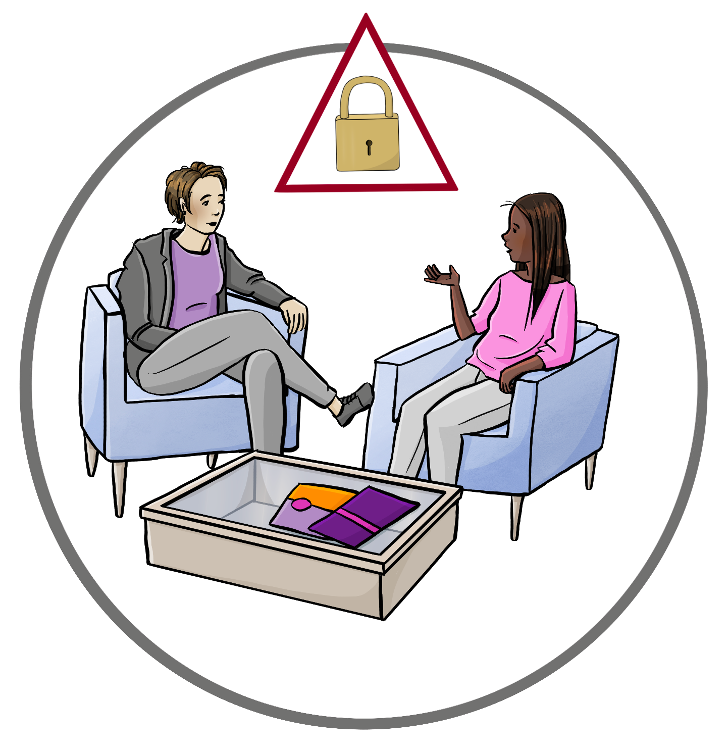 Eine Beraterin und eine andere Frau sitzen sich in Sesseln gegenüber. Zwischen ihnen steht ein kleiner Tisch mit Info-Heften. Über dem Bild ist ein rotes Dreieick mit einem Vorhängeschloss.