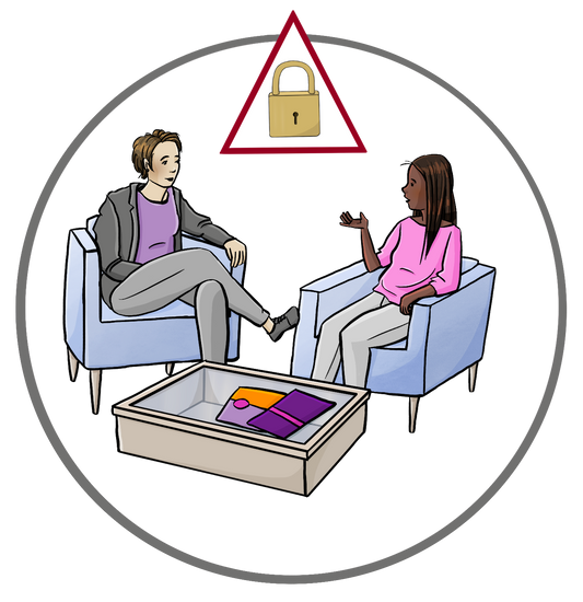 Eine Beraterin und eine andere Frau sitzen sich in Sesseln gegenüber. Zwischen ihnen steht ein kleiner Tisch mit Info-Heften. Über dem Bild ist ein rotes Dreieick mit einem Vorhängeschloss.