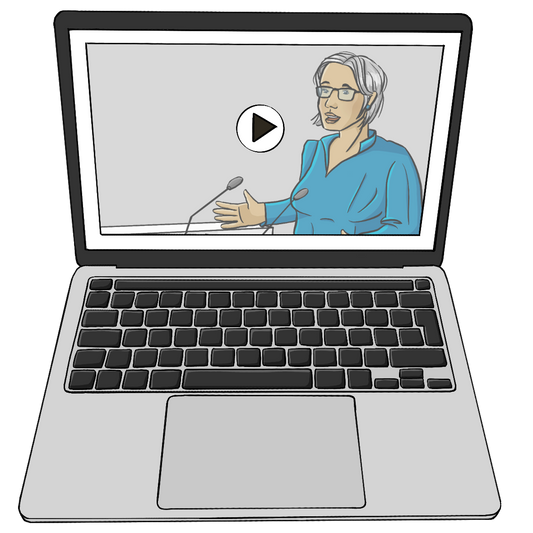 Ein Laptop mit einem Play-Zeichen auf dem Bildschirm. Auf dem Bildschirm spricht eine Frau in ein Mikrofon.