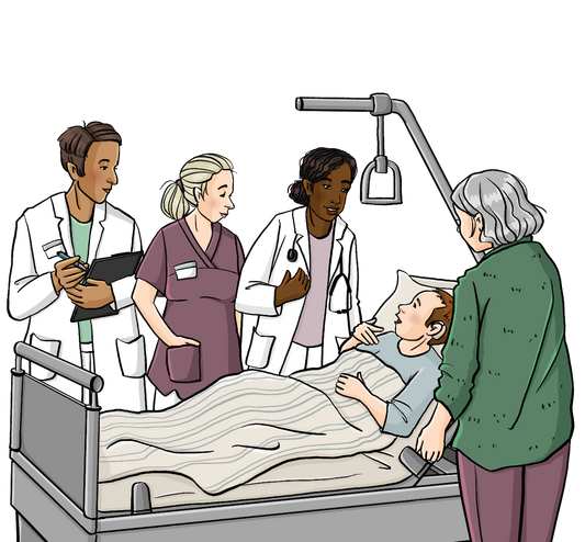 Ein Mann in einem Krankenhausbett. Neben dem Bett stehen eine Ärztin, ein Arzt und eine Krankenschwester. Die Ärztin redet mit dem Mann. Auf der anderen Seit vom Bett steht eine Frau.