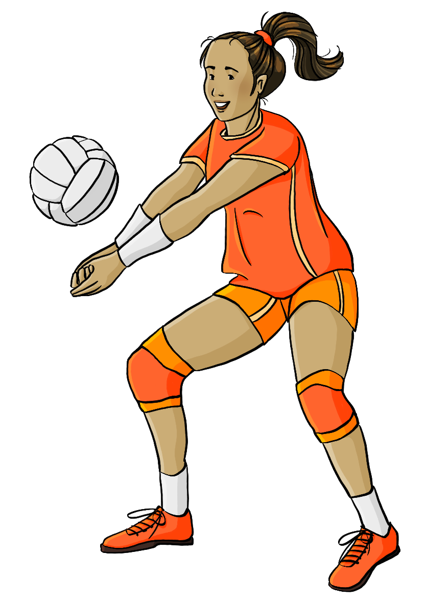 Eine Frau in Sportkleidung. Die Knie sind leicht gebeugt und die Arme sind zum baggern aneinandergelegt. Kurz über den Armen ist ein Volleyball. 