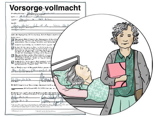 Eine ältere Frau in einem Krankenhausbett. Eine andere Frau mit einer Mappe unter dem Arm steht neben dem Bett. Dahinter ist ein Formular mit der Aufschrift: Vorsorgevollmacht.