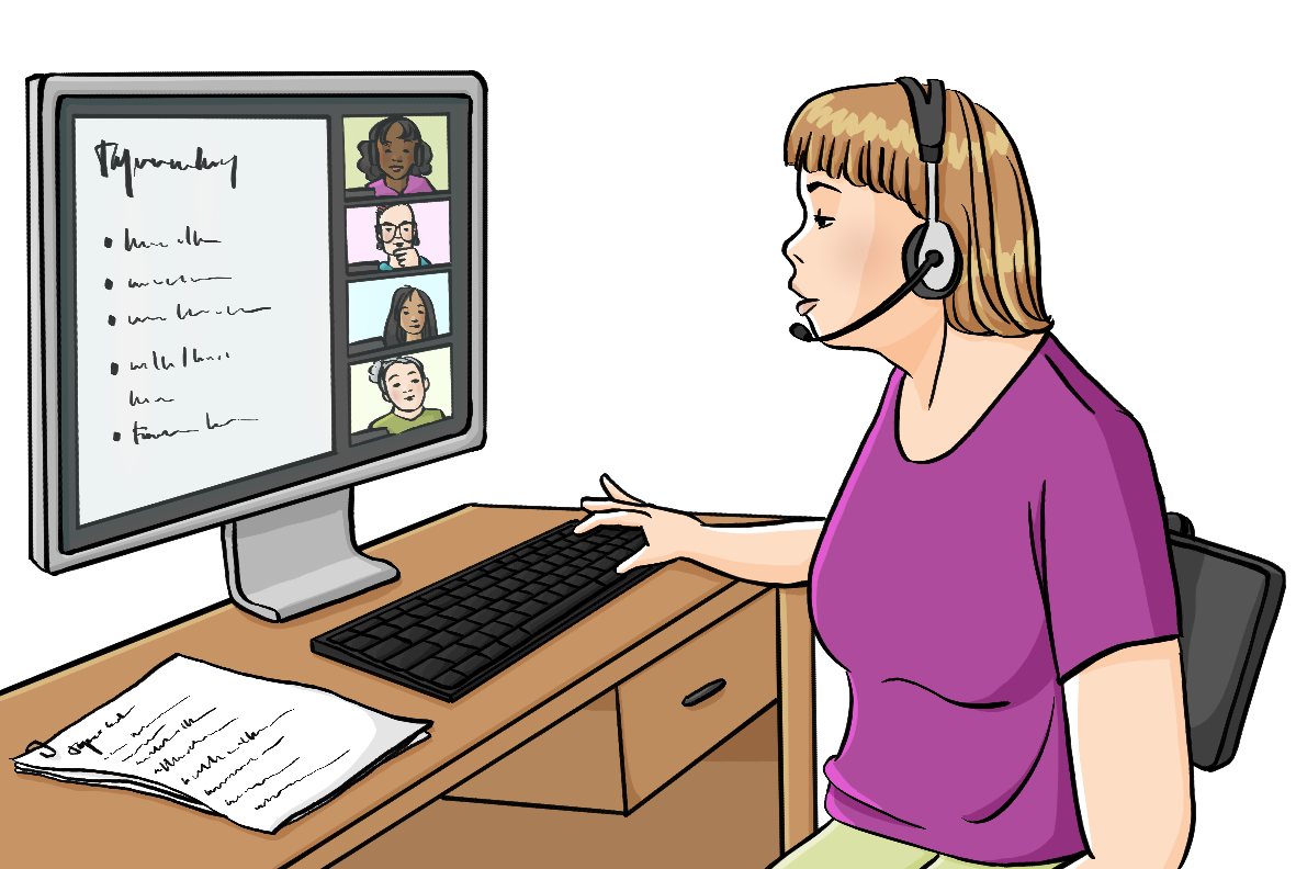 Eine Frau mit Headset sitzt vor einem Computer. Auf den Bildschirmen sind Gesichter von anderen Frauen und unlesbarer Text.