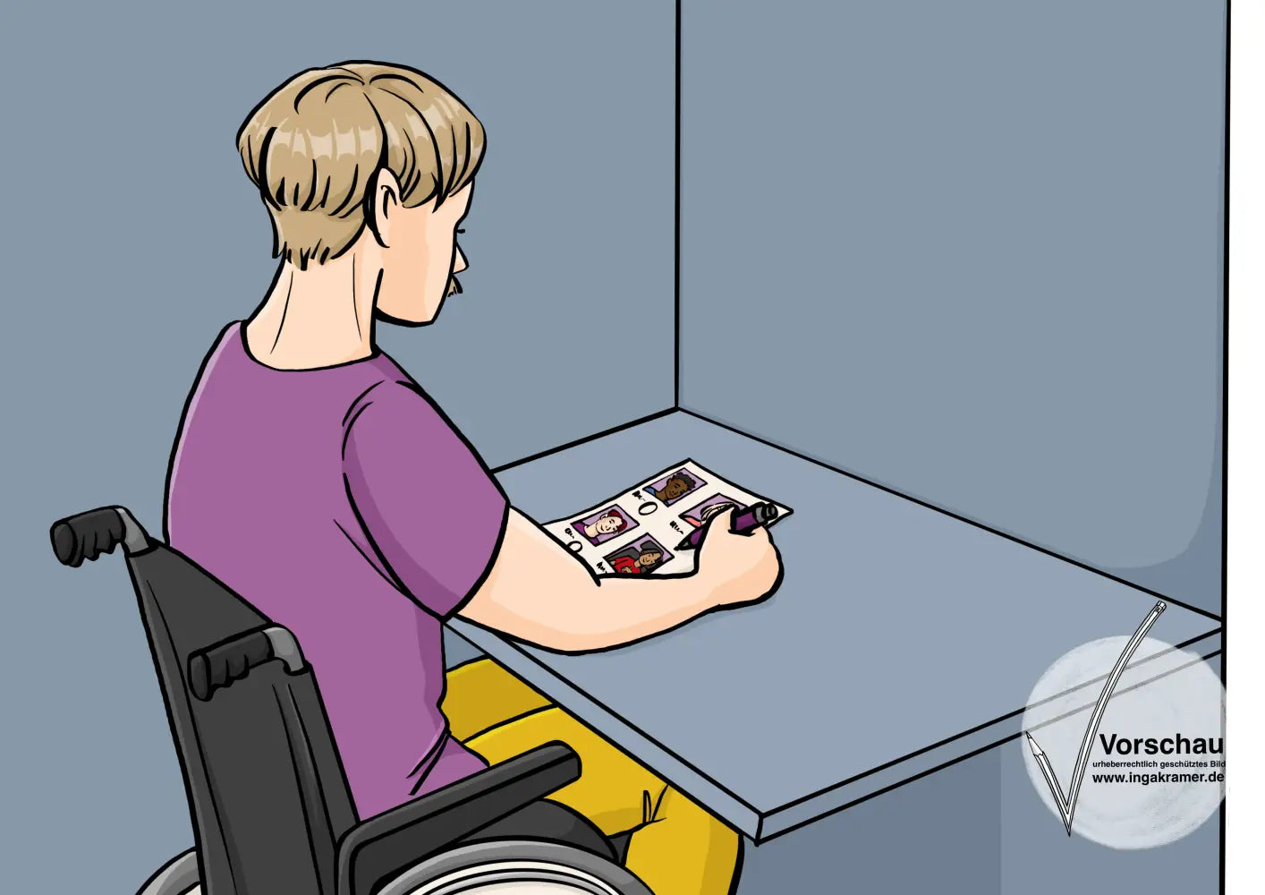 Ein Mann im Rollstuhl sitzt in einer Wahlkabine. Auf einem Zettel mit Gesichtern macht er ein Kreuzchen.