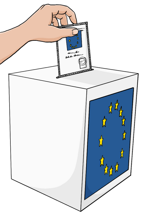 Eine Hand steckt einen Zettel in eine weiße Kiste. Auf der Kiste ist die Europaflagge abgebildet.