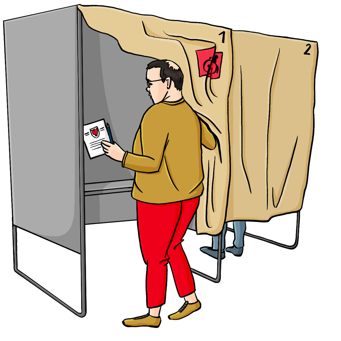 Zwei Wahlkabinen. Ein Mann geht in die linke Wahlkabine hinein. Er hält den Vorhang zur Seite, der die Kabine bedeckt. In der Hand hält er einen Stimmzettel.
