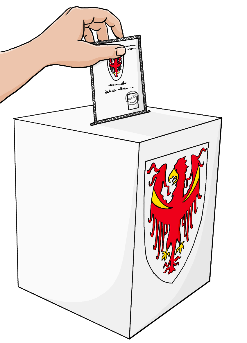 Eine Hand steckt einen Zettel in eine weiße Kiste. Auf der Kiste ist ein Wappen mit einem roten Adler. 