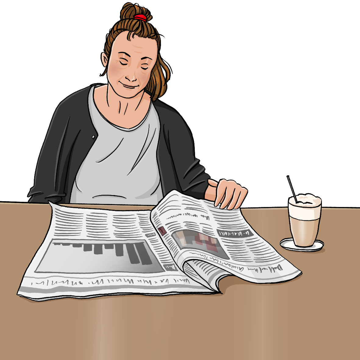 Eine Frau sitzt am Tisch und blättert in einer Zeitung. Neben ihr steht ein Glas mit Kaffee.