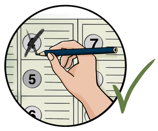 Ein Zettel mit Nummern in Kreisen. Eine Hand kreuzt eine Nummer an. Um den Bild ist ein Kreis. Daneben ist ein grünes Häkchen.