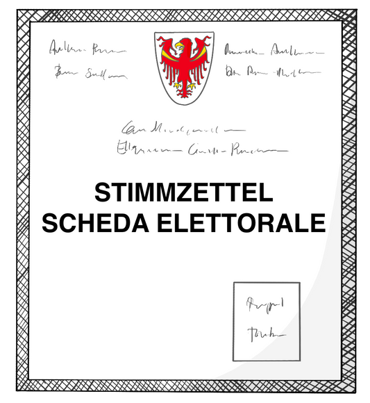 Ein Rechteckiger Zettel mit der Aufschrift: Stimmzettel Scheda Elettorale. Oben auf dem Zettel ist ein Wappen mit einem roten Adler.