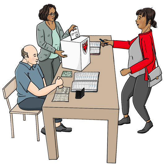 Ein Mann und eine Frau sind hinter einem Tisch. Auf dem Tisch sind zwei große aufgeschlagene Bücher und eine weiße Kiste mit einem roten Adler. Der Mann Stempelt in ein Heftchen. Die Frau steckt einen Zettel in die Kiste. Vor dem Tisch steht eine andere Frau. Sie reicht einen Bleistift über den Tisch.