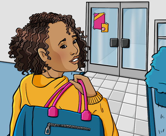 Eine Jugendliche mit einer Reisetasche geht auf ein Gebäude mit einer Glastür zu. Sie schaut über die Schulter zurück und lächelt.