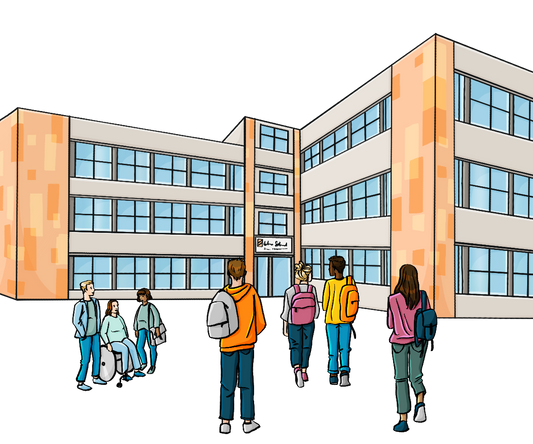 Jugendliche mit Rucksäcken gehen auf ein großes Gebäude mit vielen Fenstern zu.