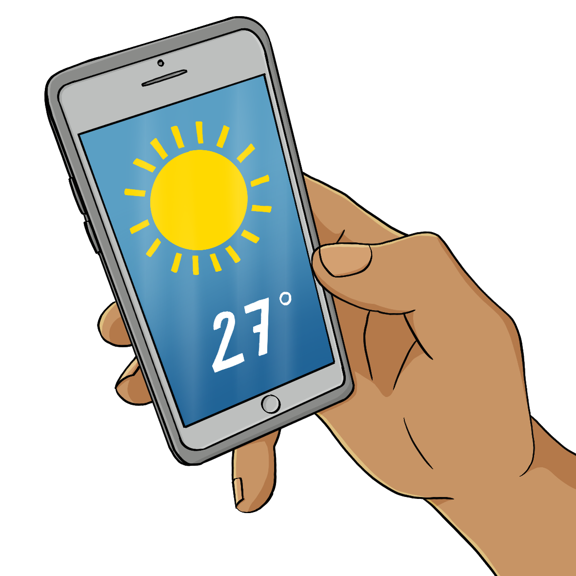 Eine Hand hält ein Handy. Auf dem Display ist eine Sonne und die Aufschrift: 27°.